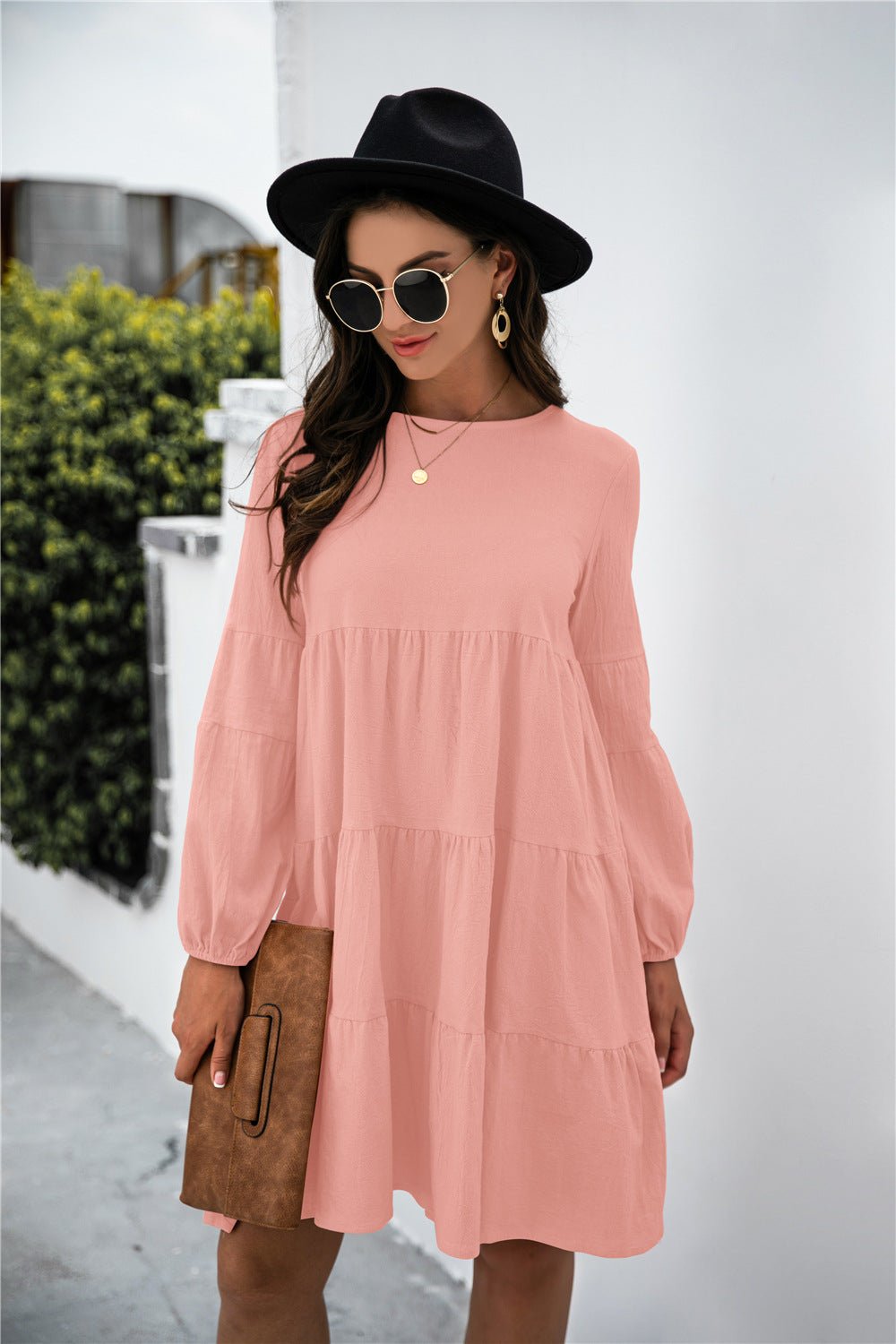 Balloon Sleeve Keyhole Tiered Dress - Dress - Peach - Bella Bourget