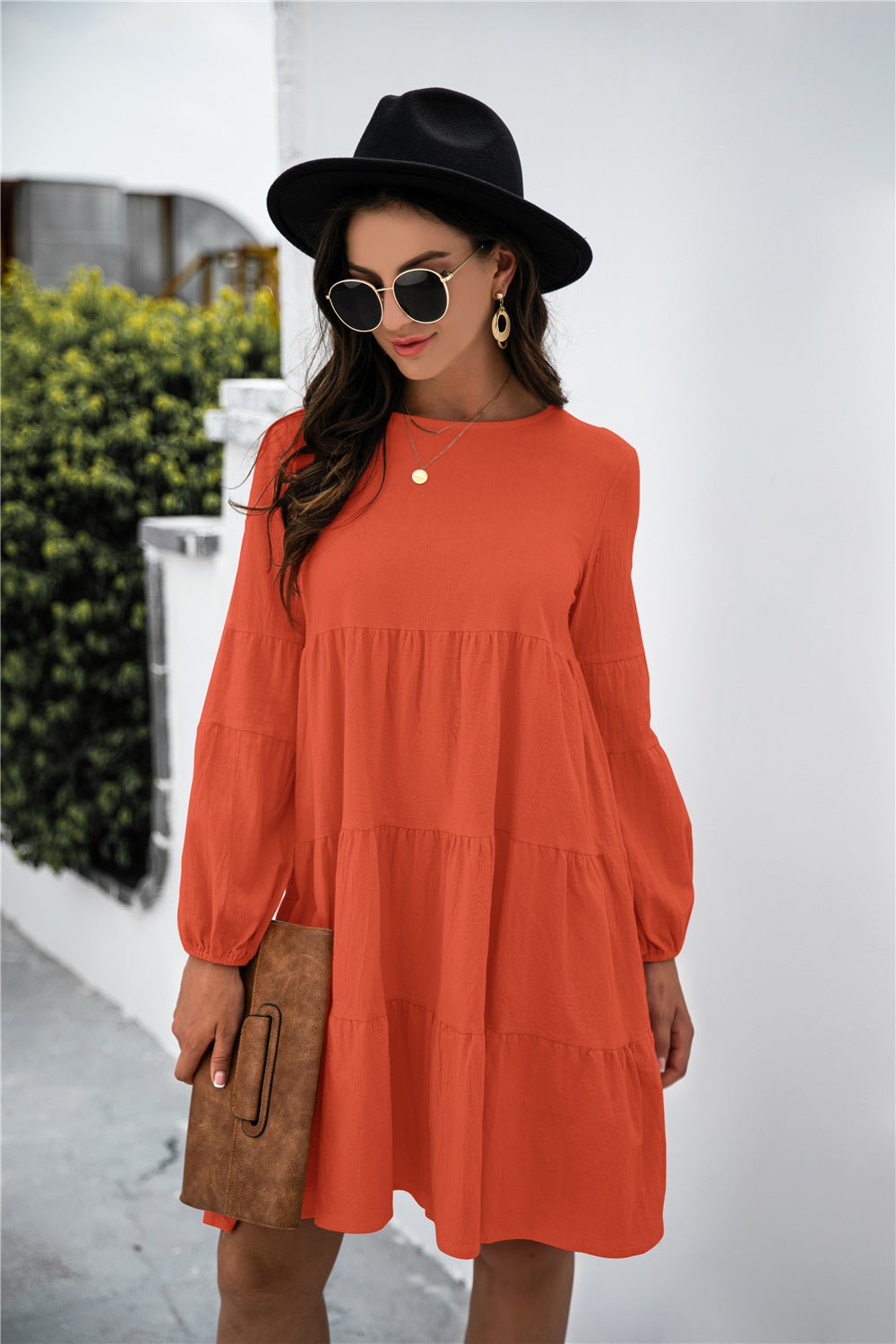 Balloon Sleeve Keyhole Tiered Dress - Dress - Orange - Bella Bourget