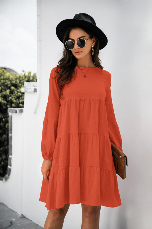 Balloon Sleeve Keyhole Tiered Dress - Dress - Orange - Bella Bourget