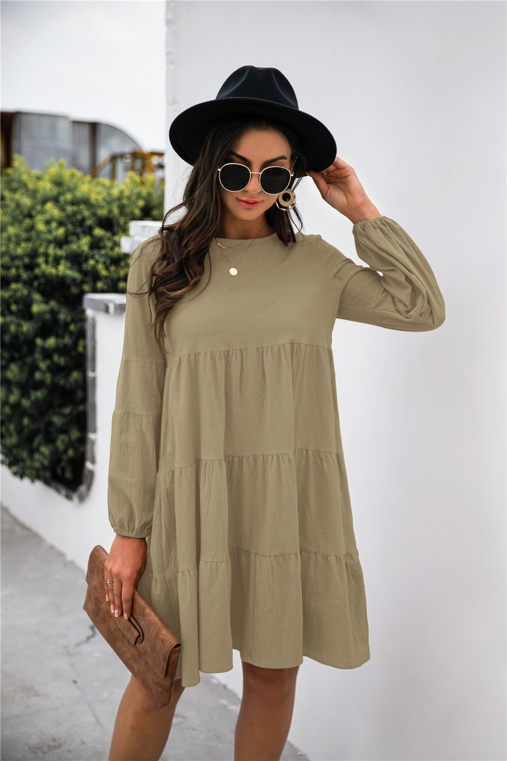 Balloon Sleeve Keyhole Tiered Dress - Dress - Mist Green - Bella Bourget