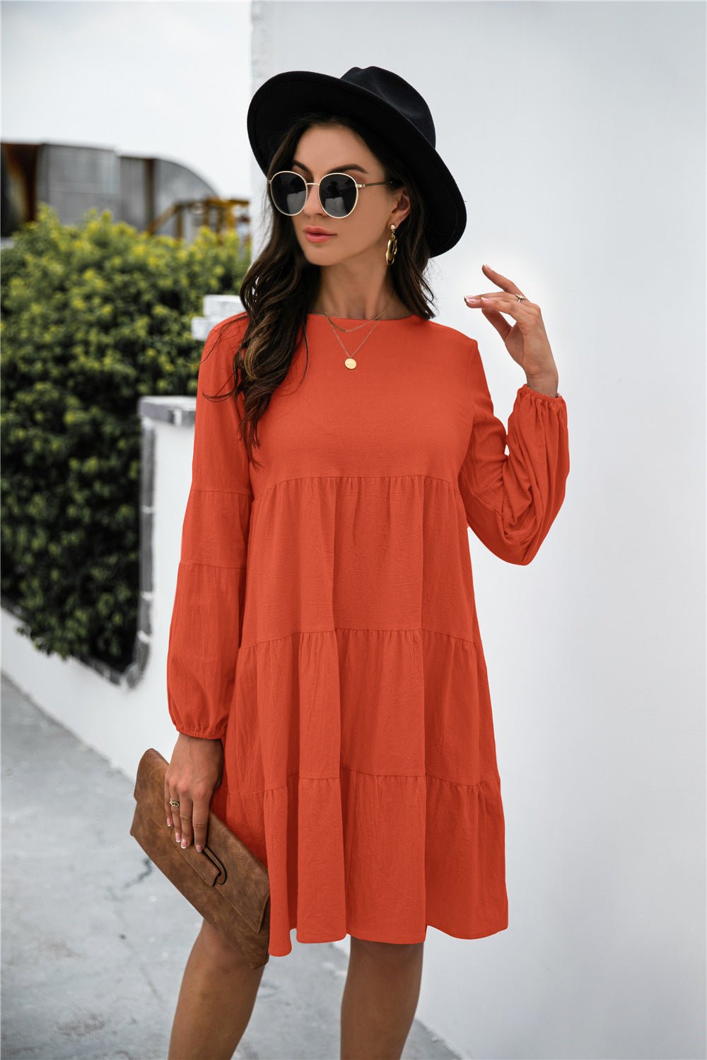 Balloon Sleeve Keyhole Tiered Dress - Dress - Orange - Bella Bourget