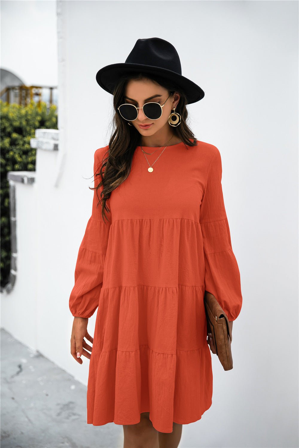 Balloon Sleeve Keyhole Tiered Dress - Dress - Orange - Bella Bourget