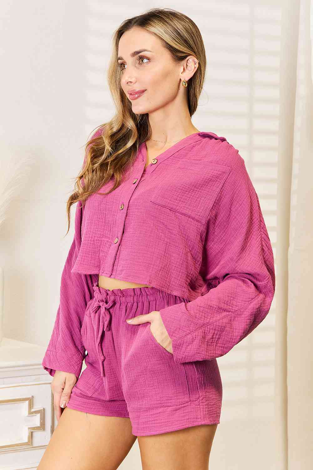 Basic Bae Buttoned Long Sleeve Top and Shorts Set - Two - Piece Set - Fuchsia - Bella Bourget