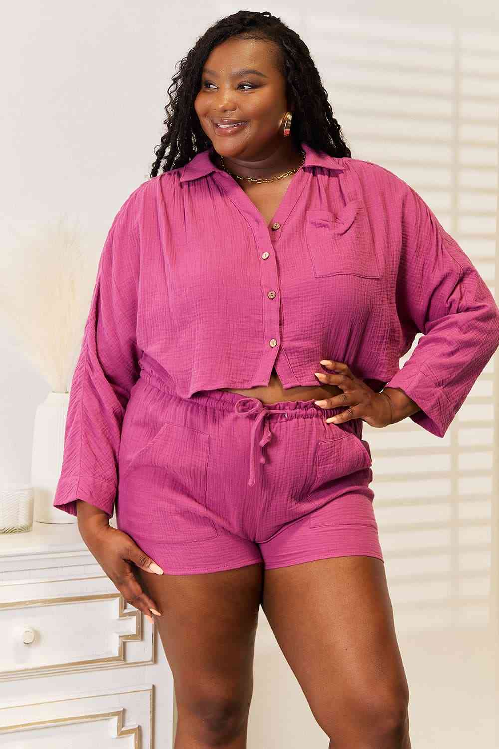 Basic Bae Buttoned Long Sleeve Top and Shorts Set - Two - Piece Set - Fuchsia - Bella Bourget