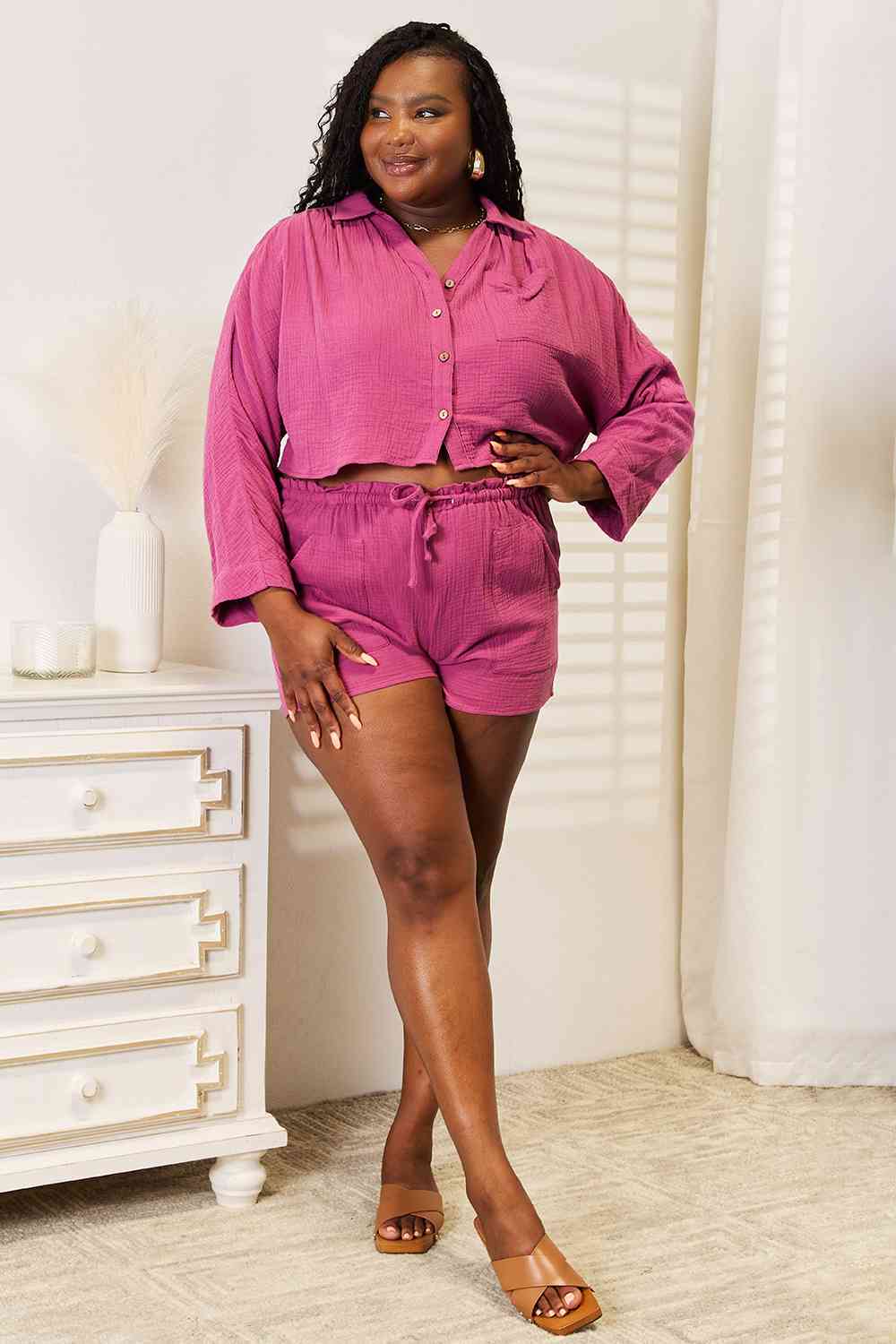 Basic Bae Buttoned Long Sleeve Top and Shorts Set - Two - Piece Set - Fuchsia - Bella Bourget