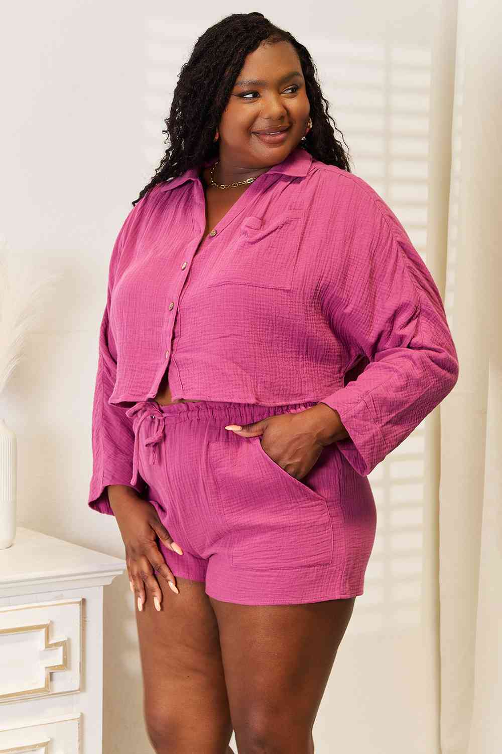 Basic Bae Buttoned Long Sleeve Top and Shorts Set - Two - Piece Set - Fuchsia - Bella Bourget