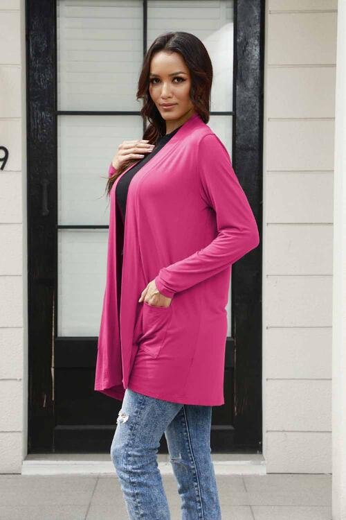 Basic Bae Full Size Open Front Long Sleeve Cardigan with Pockets - Cardigan - Deep Rose - Bella Bourget