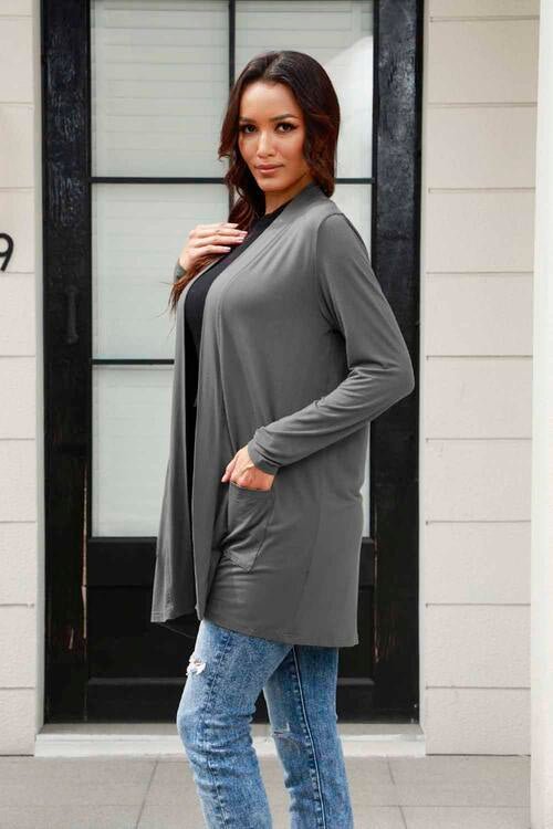 Basic Bae Full Size Open Front Long Sleeve Cardigan with Pockets - Cardigan - Charcoal - Bella Bourget