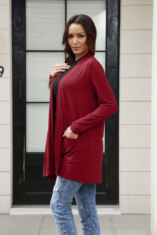 Basic Bae Full Size Open Front Long Sleeve Cardigan with Pockets - Cardigan - Deep Red - Bella Bourget