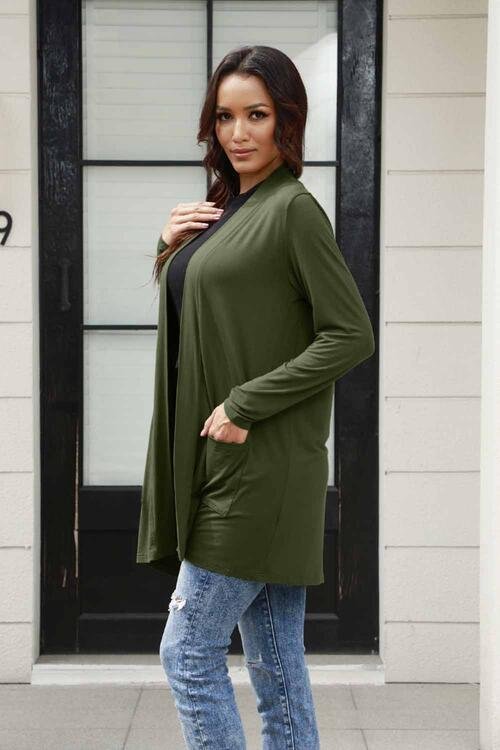 Basic Bae Full Size Open Front Long Sleeve Cardigan with Pockets - Cardigan - Army Green - Bella Bourget