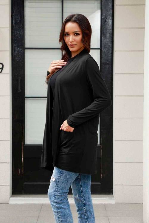 Basic Bae Full Size Open Front Long Sleeve Cardigan with Pockets - Cardigan - Black - Bella Bourget