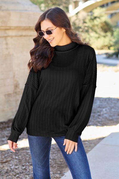 Basic Bae Full Size Ribbed Exposed Seam Mock Neck Knit Top - Sweater - Black - Bella Bourget