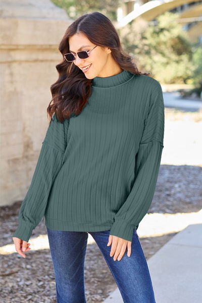 Basic Bae Full Size Ribbed Exposed Seam Mock Neck Knit Top - Sweater - Teal - Bella Bourget