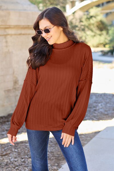 Basic Bae Full Size Ribbed Exposed Seam Mock Neck Knit Top - Sweater - Brick Red - Bella Bourget