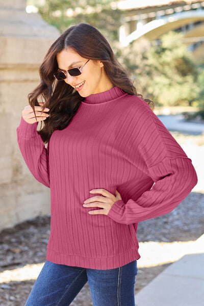 Basic Bae Full Size Ribbed Exposed Seam Mock Neck Knit Top - Sweater - Deep Rose - Bella Bourget