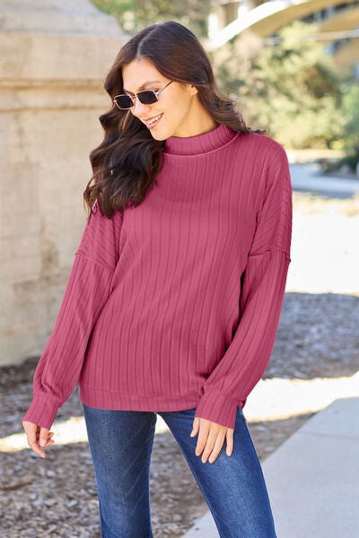 Basic Bae Full Size Ribbed Exposed Seam Mock Neck Knit Top - Sweater - Deep Rose - Bella Bourget