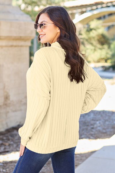 Basic Bae Full Size Ribbed Exposed Seam Mock Neck Knit Top - Sweater - Pastel Yellow - Bella Bourget