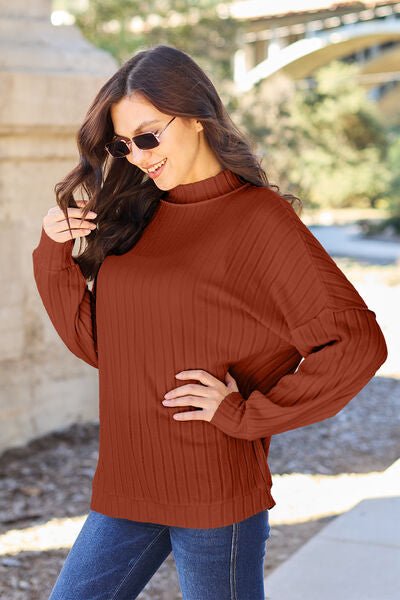 Basic Bae Full Size Ribbed Exposed Seam Mock Neck Knit Top - Sweater - Brick Red - Bella Bourget