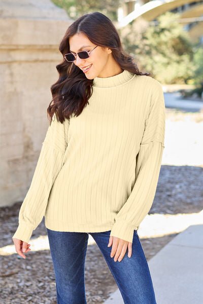 Basic Bae Full Size Ribbed Exposed Seam Mock Neck Knit Top - Sweater - Pastel Yellow - Bella Bourget