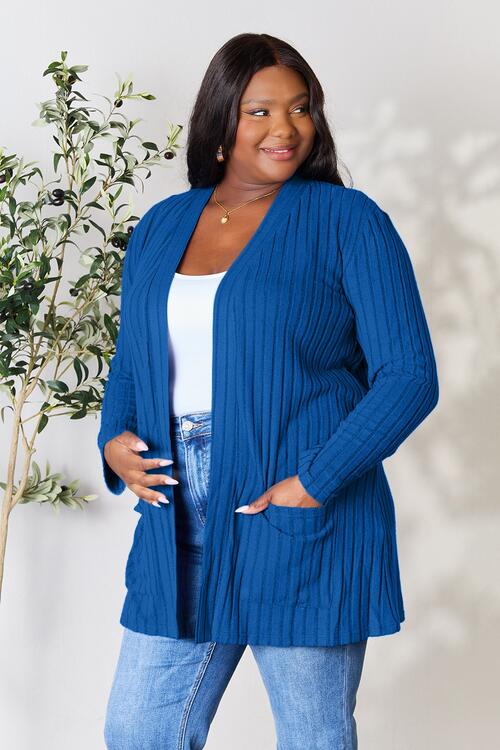 Basic Bae Full Size Ribbed Open Front Cardigan with Pockets - Cardigan - Navy - Bella Bourget