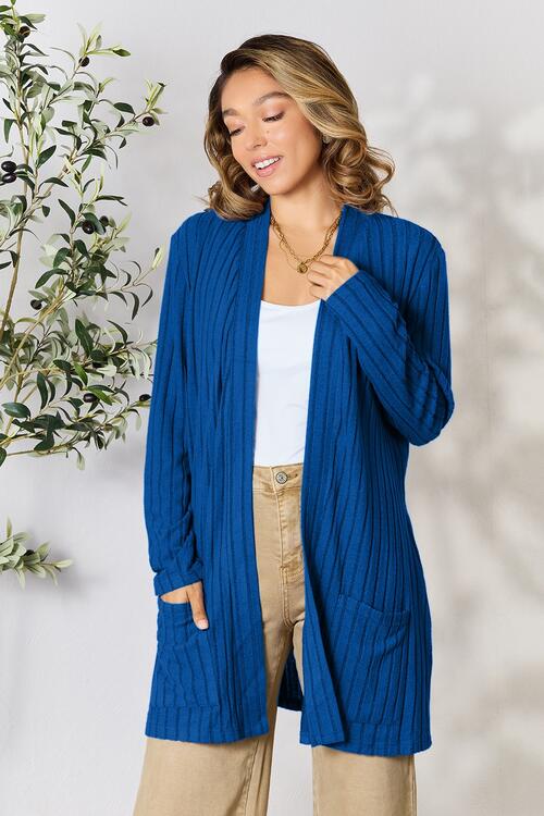 Basic Bae Full Size Ribbed Open Front Cardigan with Pockets - Cardigan - Navy - Bella Bourget