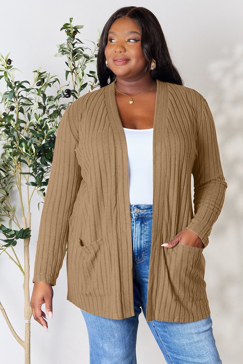 Basic Bae Full Size Ribbed Open Front Cardigan with Pockets - Cardigan - Tan - Bella Bourget