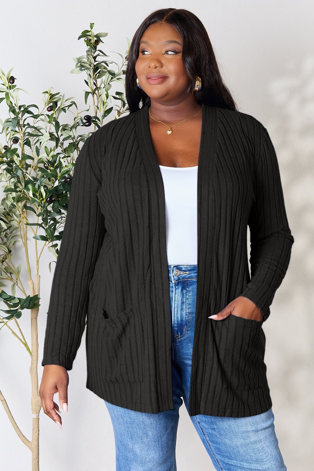 Basic Bae Full Size Ribbed Open Front Cardigan with Pockets - Cardigan - Black - Bella Bourget