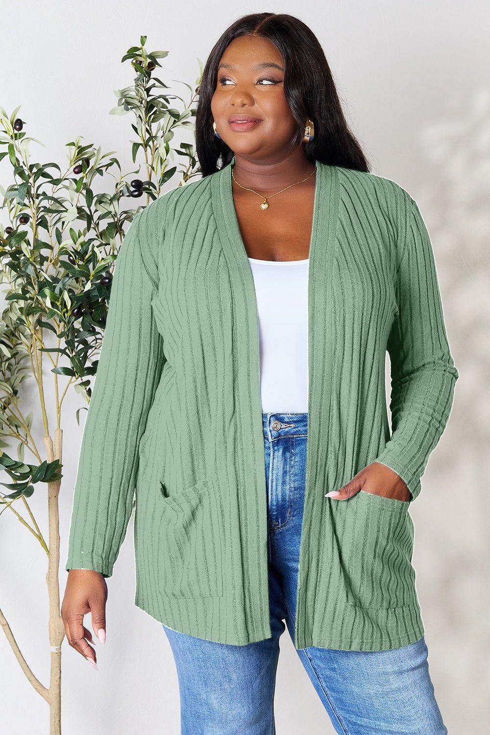 Basic Bae Full Size Ribbed Open Front Cardigan with Pockets - Cardigan - Gum Leaf - Bella Bourget