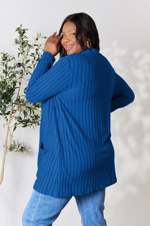 Basic Bae Full Size Ribbed Open Front Cardigan with Pockets - Cardigan - Navy - Bella Bourget