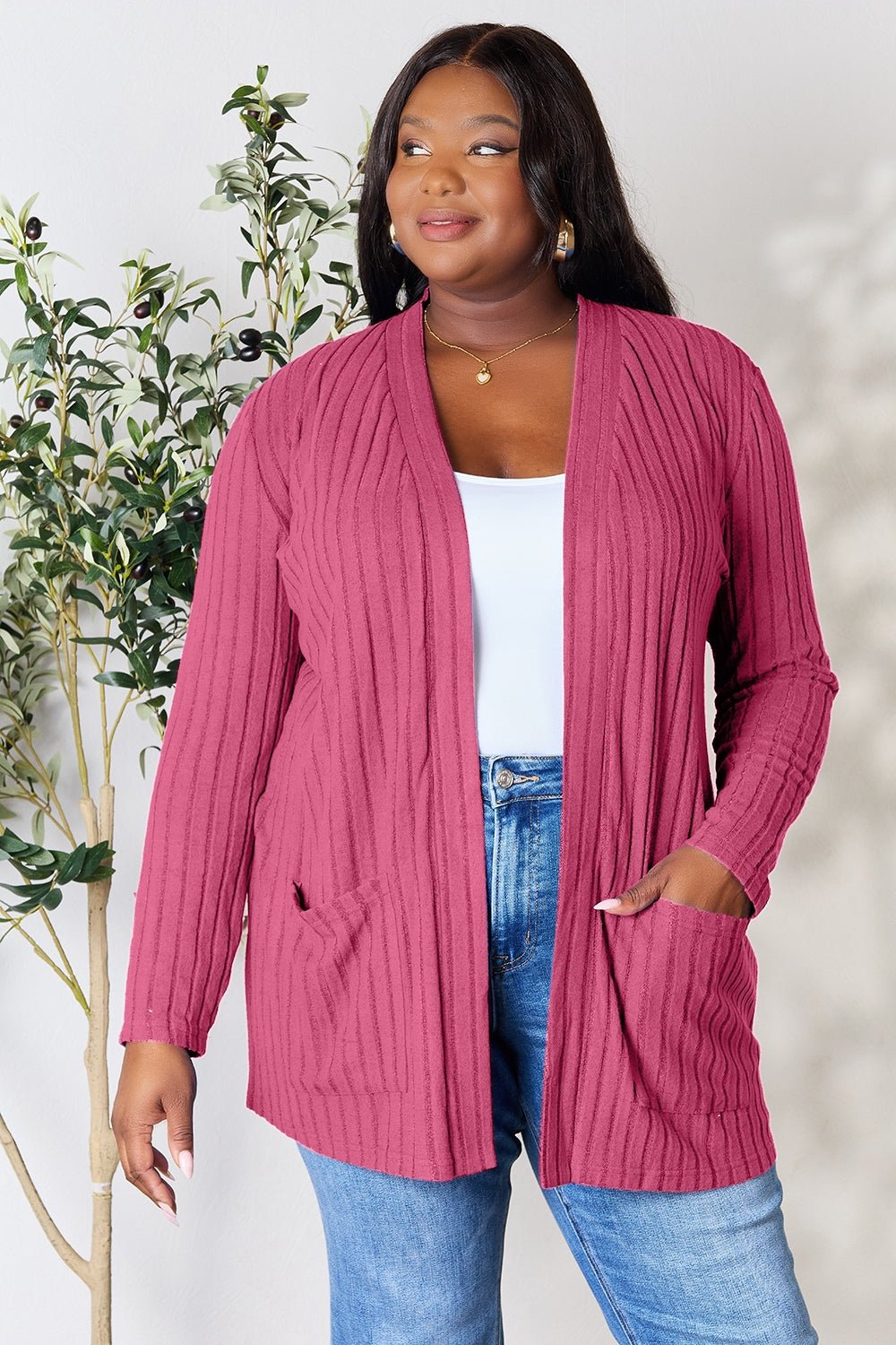 Basic Bae Full Size Ribbed Open Front Cardigan with Pockets - Cardigan - Fuchsia Pink - Bella Bourget