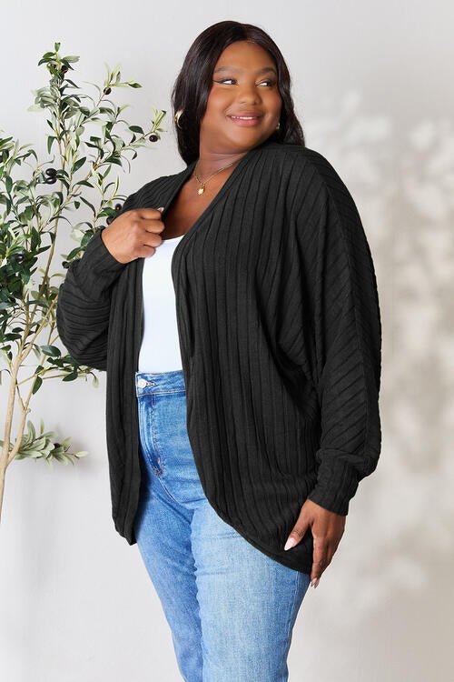 Basic Bae Full Size Ribbed Open Front Long Sleeve Cardigan - Cardigan - Black - Bella Bourget