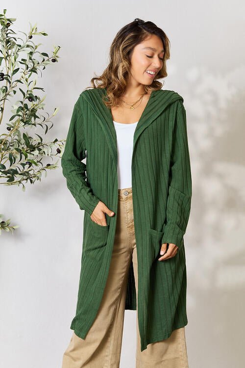 Basic Bae Full Size Ribbed Open Front Long Sleeve Cardigan - Cardigan - Green - Bella Bourget