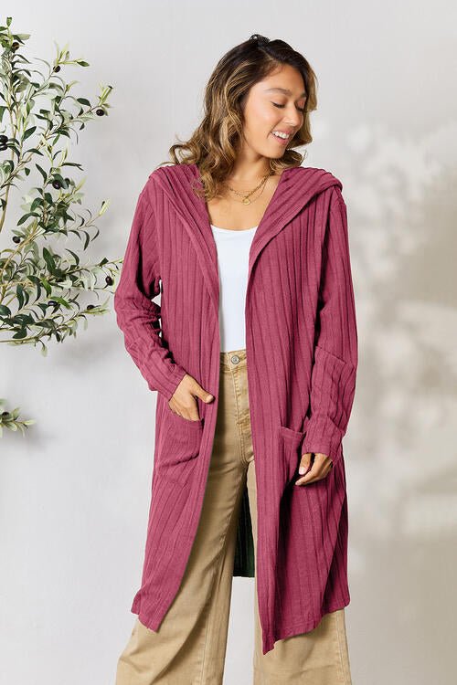 Basic Bae Full Size Ribbed Open Front Long Sleeve Cardigan - Cardigan - Fuchsia Pink - Bella Bourget