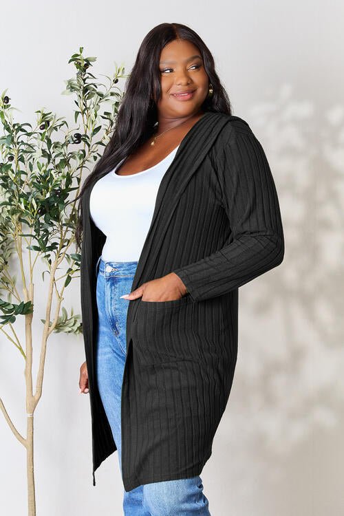 Basic Bae Full Size Ribbed Open Front Long Sleeve Cardigan - Cardigan - Black - Bella Bourget