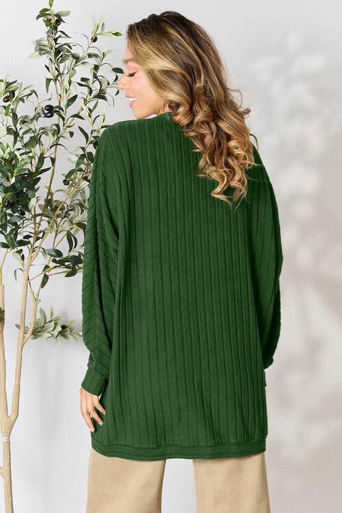 Basic Bae Full Size Ribbed Open Front Long Sleeve Cardigan - Cardigan - Green - Bella Bourget