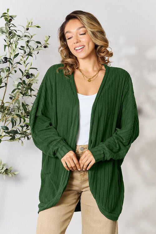 Basic Bae Full Size Ribbed Open Front Long Sleeve Cardigan - Cardigan - Green - Bella Bourget