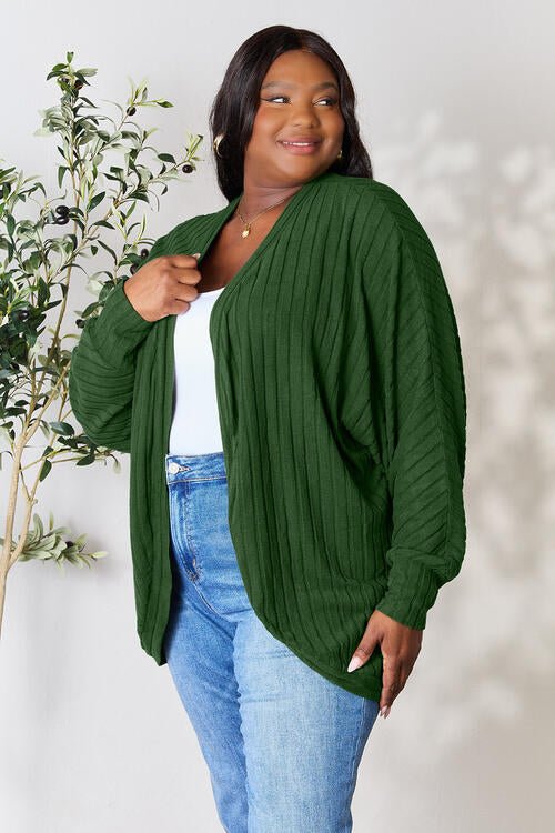 Basic Bae Full Size Ribbed Open Front Long Sleeve Cardigan - Cardigan - Green - Bella Bourget