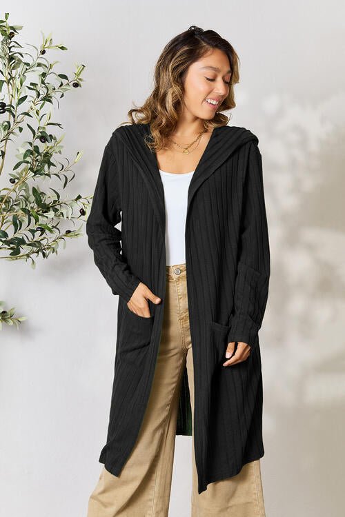 Basic Bae Full Size Ribbed Open Front Long Sleeve Cardigan - Cardigan - Black - Bella Bourget