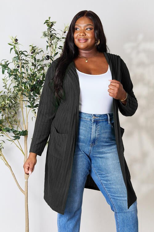 Basic Bae Full Size Ribbed Open Front Long Sleeve Cardigan - Cardigan - Black - Bella Bourget