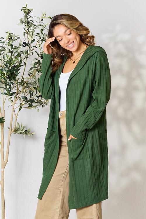 Basic Bae Full Size Ribbed Open Front Long Sleeve Cardigan - Cardigan - Green - Bella Bourget