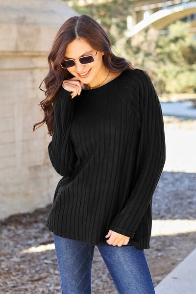 Basic Bae Full Size Ribbed Round Neck Long Sleeve Knit Top - Sweater - Black - Bella Bourget