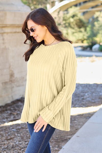 Basic Bae Full Size Ribbed Round Neck Long Sleeve Knit Top - Sweater - Pastel Yellow - Bella Bourget