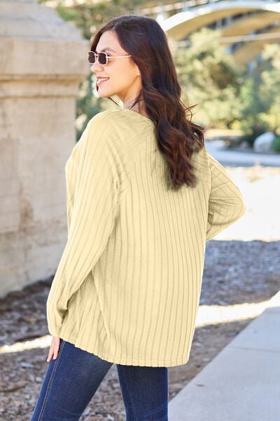 Basic Bae Full Size Ribbed Round Neck Long Sleeve Knit Top - Sweater - Pastel Yellow - Bella Bourget