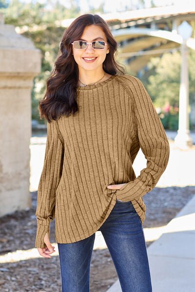 Basic Bae Full Size Ribbed Round Neck Long Sleeve Knit Top - Sweater - Tan - Bella Bourget