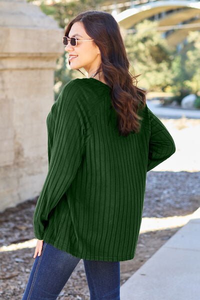 Basic Bae Full Size Ribbed Round Neck Long Sleeve Knit Top - Sweater - Green - Bella Bourget