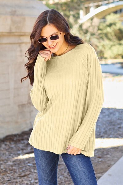 Basic Bae Full Size Ribbed Round Neck Long Sleeve Knit Top - Sweater - Pastel Yellow - Bella Bourget