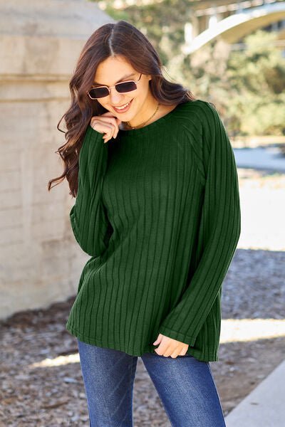 Basic Bae Full Size Ribbed Round Neck Long Sleeve Knit Top - Sweater - Green - Bella Bourget