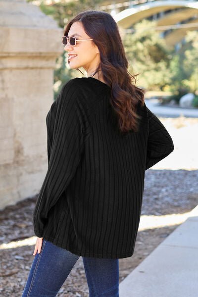 Basic Bae Full Size Ribbed Round Neck Long Sleeve Knit Top - Sweater - Black - Bella Bourget