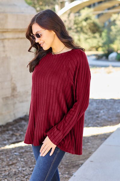 Basic Bae Full Size Ribbed Round Neck Long Sleeve Knit Top - Sweater - Scarlet - Bella Bourget