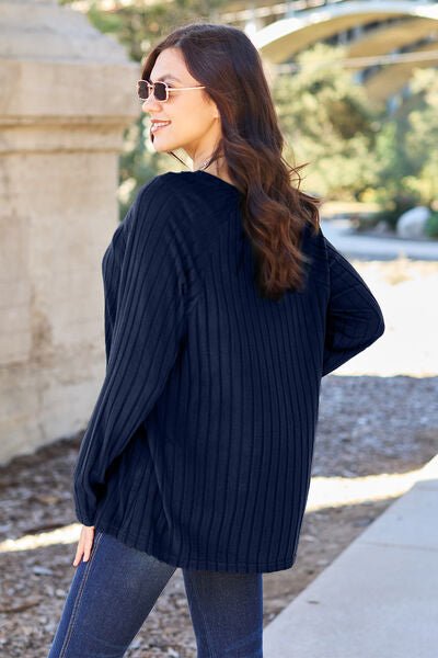 Basic Bae Full Size Ribbed Round Neck Long Sleeve Knit Top - Sweater - Peacock Blue - Bella Bourget